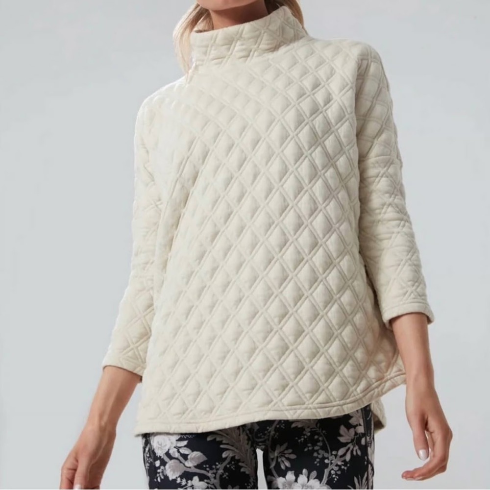 Tuckernuck Sport Quilted Diamond Mock Neck Pullover Top 3/4 Sleeve Sz XS S Beige